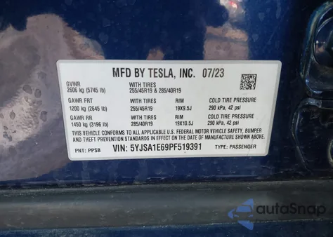 2023 Tesla Model S Plaid Tri Motor All-Wheel Drive z USA, uszkodzony, nr VIN 5YJSA1E69PF519391